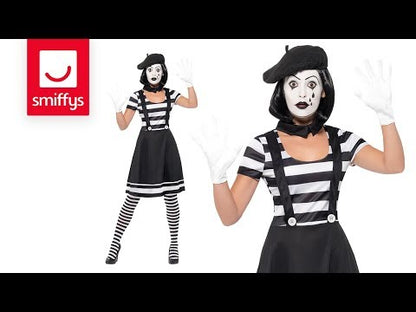 Lady Mime Artist Costume Adult Black and White Dress Collar Beret Gloves Tights Make Up 11