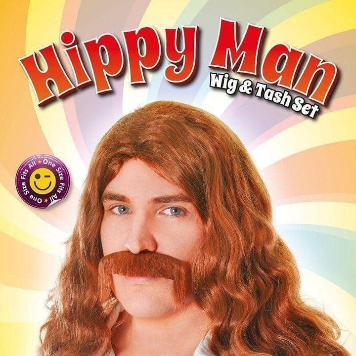 Mens Hippy Man Wig + Tash Set Brown Wigs Male Halloween Costume_2 